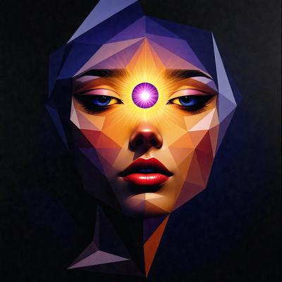 The primary subject of the image is a woman with a purple eye, which is a prominent feature of the artwork. The setting is a dark background, which contrasts with the vibrant colors of the woman's eye and the geometric shapes that make up her face. The visual style is a combination of digital art and illustration, creating a unique and intriguing image. The colors and mood of the image are predominantly purple and blue, giving the artwork a mysterious and captivating atmosphere.
